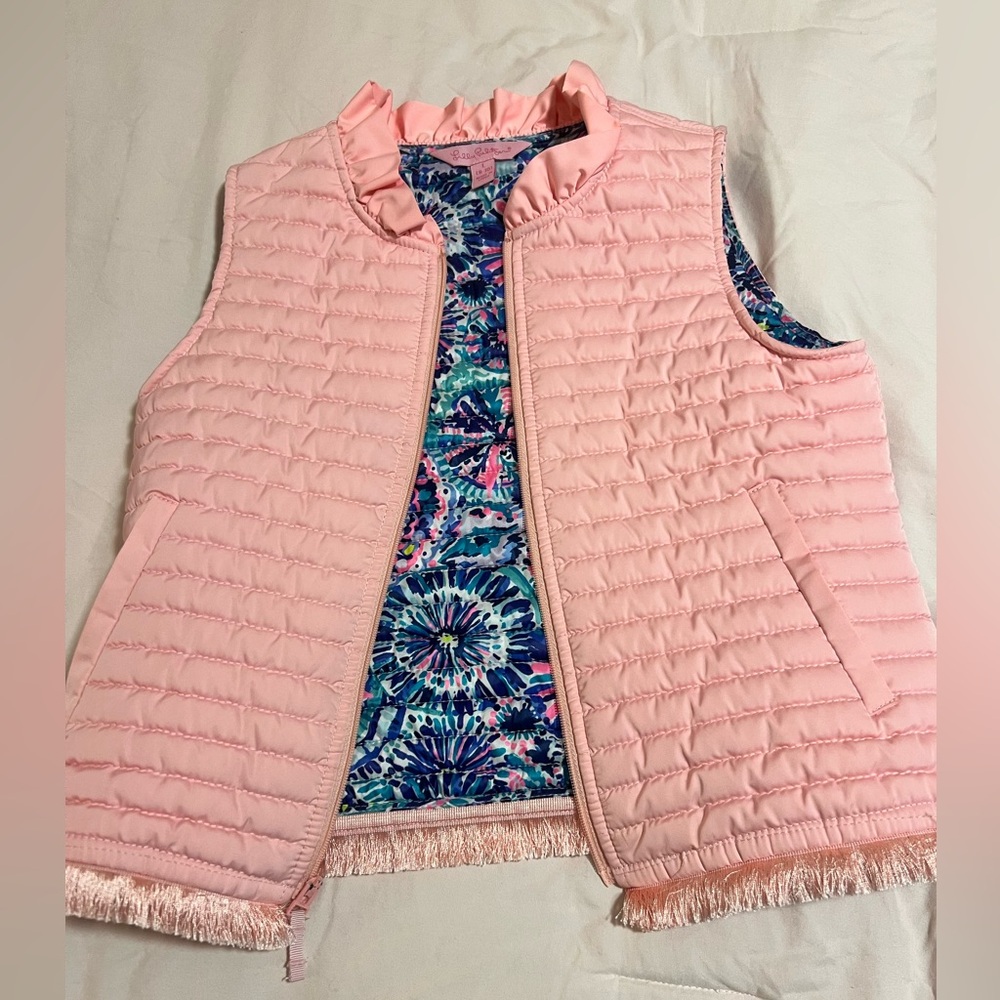 Lilly Pulitzer Pink Ruffled Vest with Blue Floral Lining 8-10